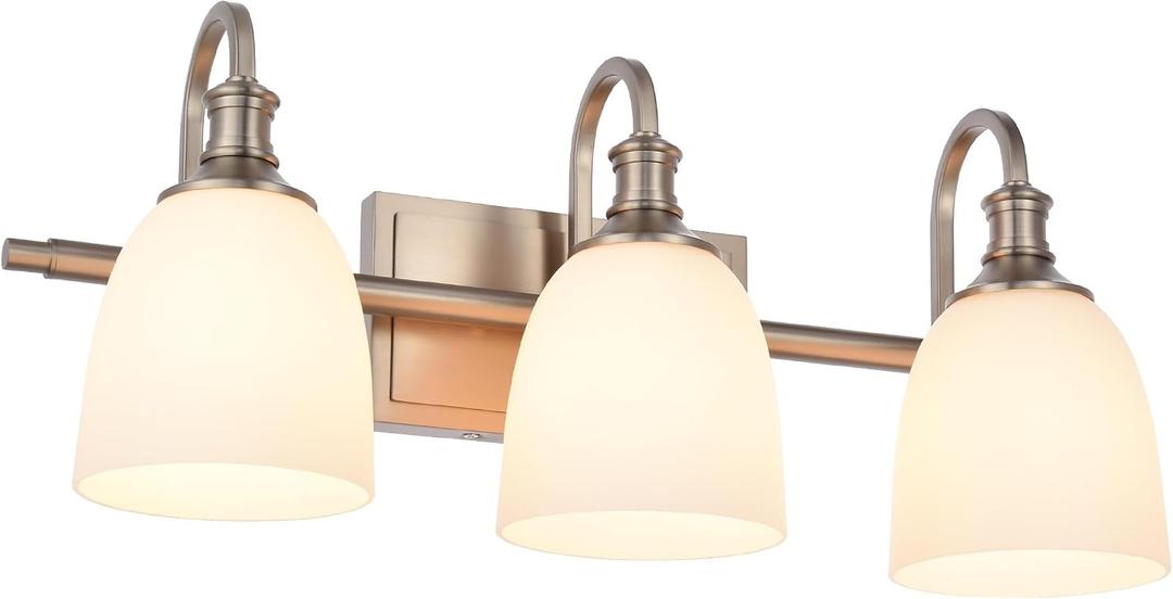 Bathroom Vanity Light Fixtures, Vintage Brushed Nickel 3 Lights Wall Sconce Lighting with Opal Glass Shade, Porch Wall Mount Light Fixture for Bathroom, Mirror Cabinets Hallway Stairs