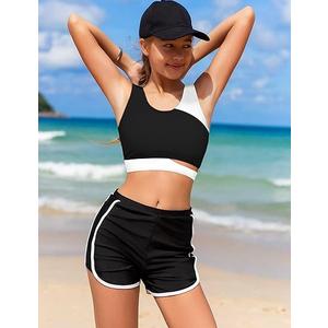 NECIOUS Girls Swimsuit Bikini Set, 3 Piece Girl Bathing Suits Color Block Cutout Swimwear with Shorts Size 15 Size 16 Black