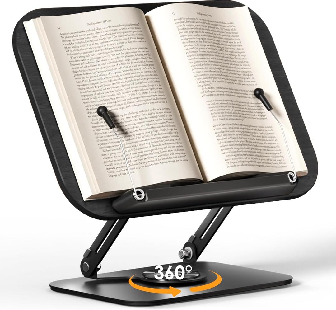 Book Stand for Reading, Adjustable Book Holder with 360 Rotating Bases, Foldable Designs, and Elastic Clips, Multifunctional Display Stand for Recipe, Cookbooks, Magazines, Tablets (Black)