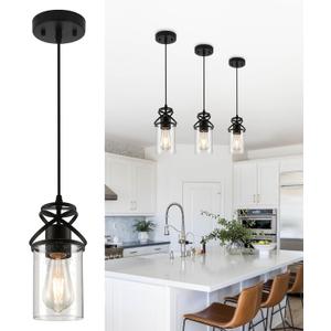 Pendant Kitchen Island Light, Modern Pendant Lighting with Glass Shade, E26 Socket and Adjustable Cable, Suitable for Living Rooms, Bedrooms, Hallways (Black-1 Light)