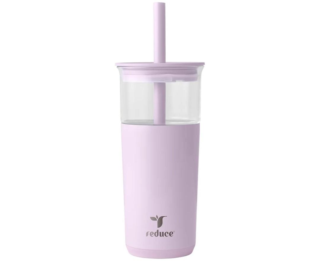 REDUCE Aspen 20 oz Vacuum Insulated Glass Tumbler with Lid & Extra Wide Straw - Keeps Drinks Cold for 12 Hrs - Ideal for Iced Coffee, Smoothies & Boba - Dishwasher Safe, Soft Base - Lilac Bud