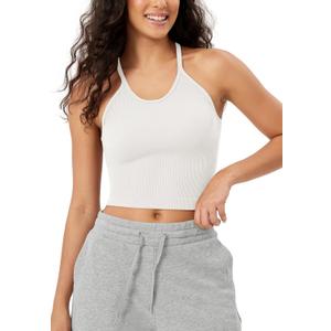 ODODOS Women's Crop Seamless Rib-Knit Camisole Strappy Racerback Crop Tank Tops, Longline Crop, White, Medium/Large