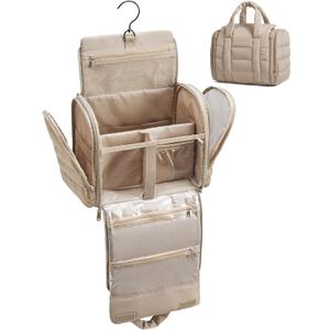 BAGSMART Puffy Travel Makeup Bag, Portable Hanging Toiletry Organizer with Removable Partition, Organizer for Travel-Sized Shampoo, Conditioner, Brushes Set, makeup Accessories, Camel (Large)