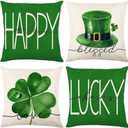 St Patricks Day Decor-Throw Pillow Covers 18x18 in Set of 4,Shamrock Linen Pillow Case with Green Hat Irish for Large Couch Sofa Home Indoor Outdoor Holiday Decorations