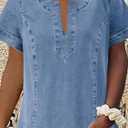 loveimgs Women Casual Short Sleeve Denim Dress V Neck Tunic Mini Jean Shift Dress Jumper Knee Length Boho Sundress Pocket (Blue, L)