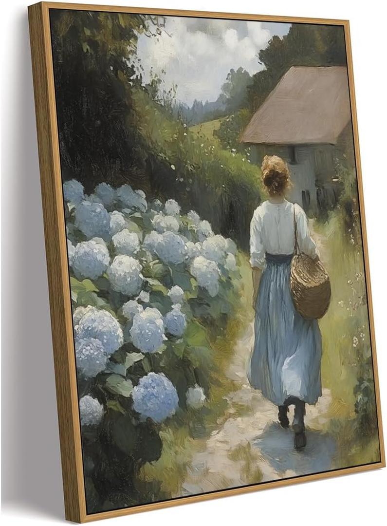 MTFBWY Blue Hydrangea Wall Art Framed, Vintage Floral Canvas Wall Art, Romantic Cottagecore Wall Decor, Soft Farmhouse Painting Picture Prints for Bathroom, Bedroom, Living Room 12" x 16"