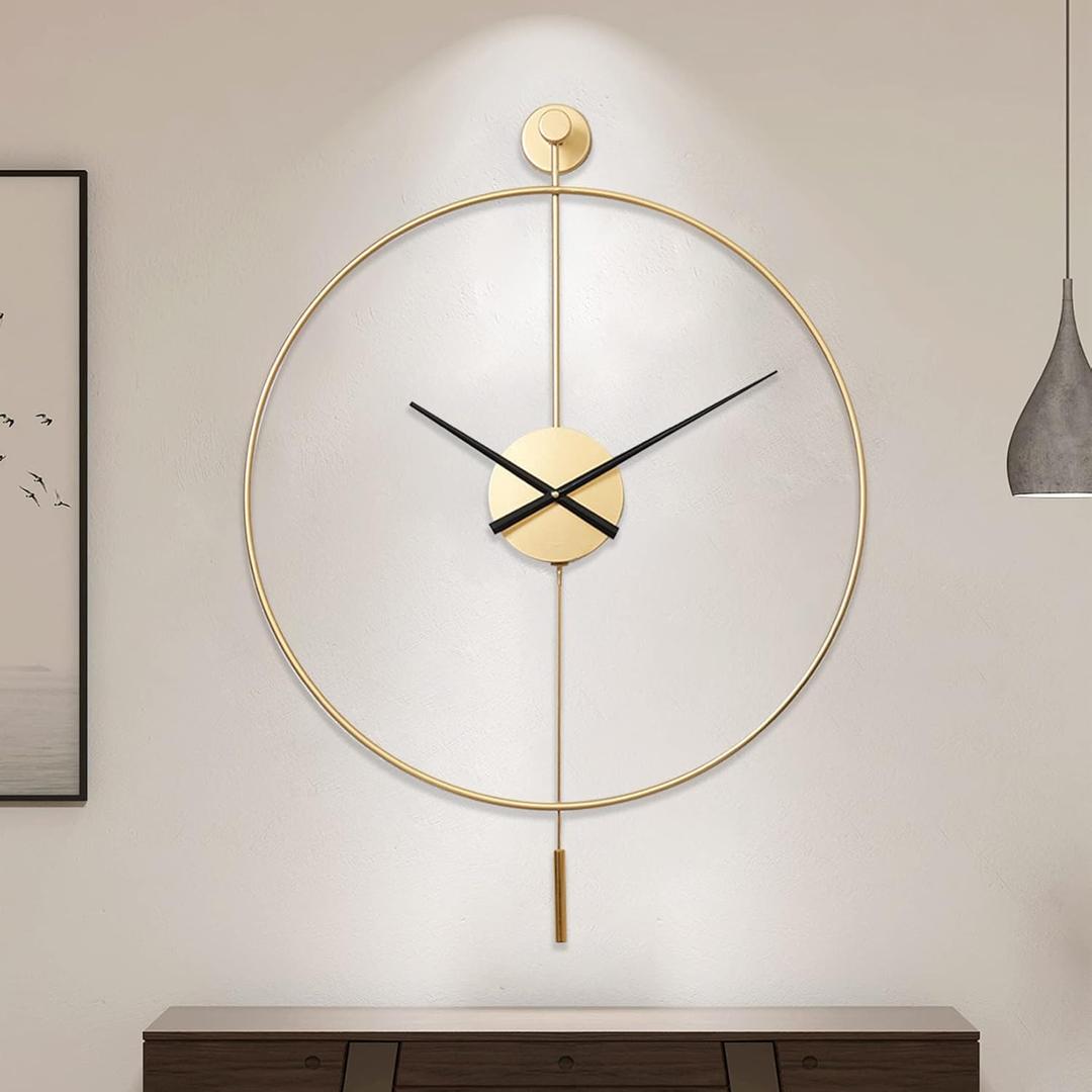YISITEONE Classical Large Decorative Wall Clock with Pendulum, Modern Non-Ticking Silent Metal Wall Clocks for Living Room, Bedroom, Study, Office, 23.6" (Gold)