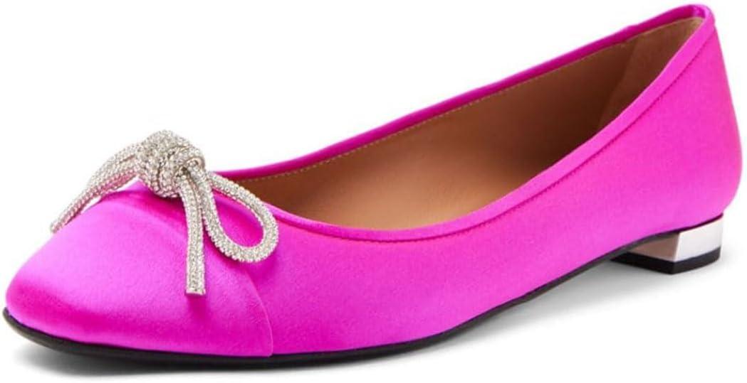 miss left Women Rhinestone Bows Ballet Flats Closed Rounded Toe Slip On Low Thick Heels Comfy Dance Walking Satin Shoes, 9