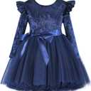 Flofallzique Toddler Girls Velvet Dress Long Sleeve Tulle Tutu Birthday Tea Party Princess Dresses Size: 1T (Navy)