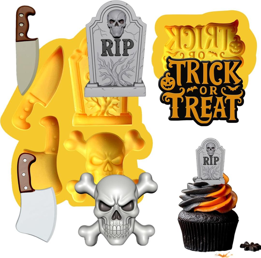 Halloween tombstones and Skull Silicone Mold for Candy and Chocolate 3D Set 2 pcs Skulls, Knives, Tombstone, Trick or Treat Phrase Halloween silicone molds perfect for Spooky Cupcake Toppers.