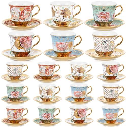Teenyyou Set of 18 Tea Cups and Saucers Tea Party Decorations Floral Porcelain 5.4 oz British Gift for Women Birthday Party, Church, and Mother's Day 