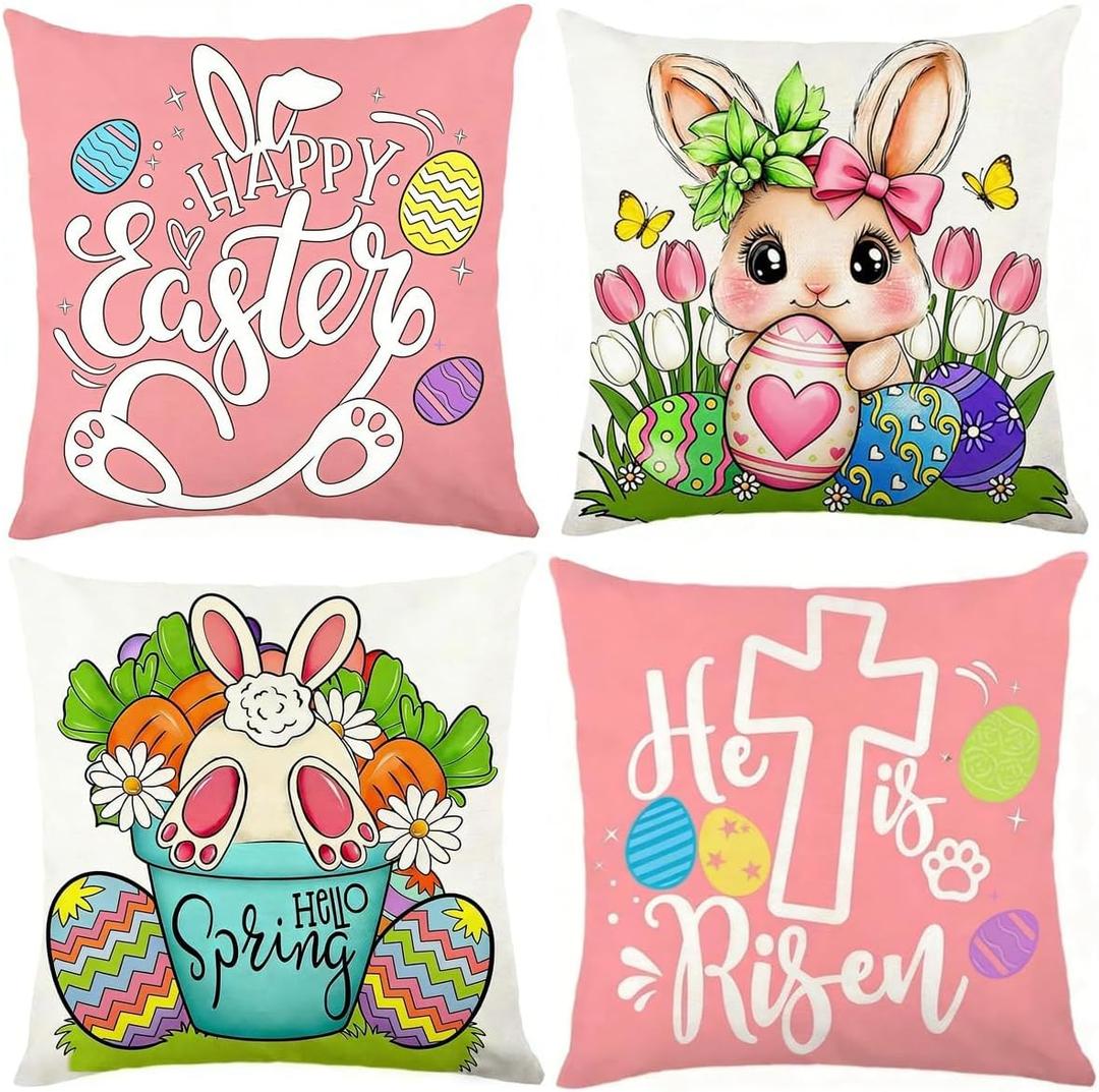 Easter Pillow Covers 18x18 Set of 4, Bunny Eggs Hello Peeps Bunny Hip HopTruck Throw Pillows Cases - Farmhouse Spring Decor Throw Pillow Cases for Sofa Couch Home Easter Decorations