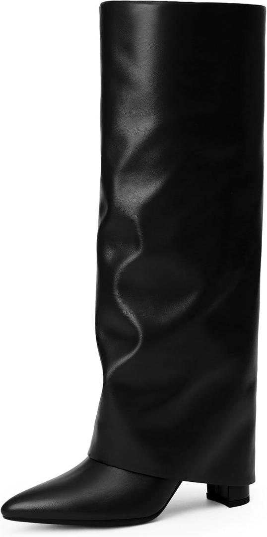 Modatope Knee High Boots Women Fold Over Knee High Boots Chunky High Heels Long Boots Zipper Pointed Toe Dress Tall Boots for Women (7, Black Pu)