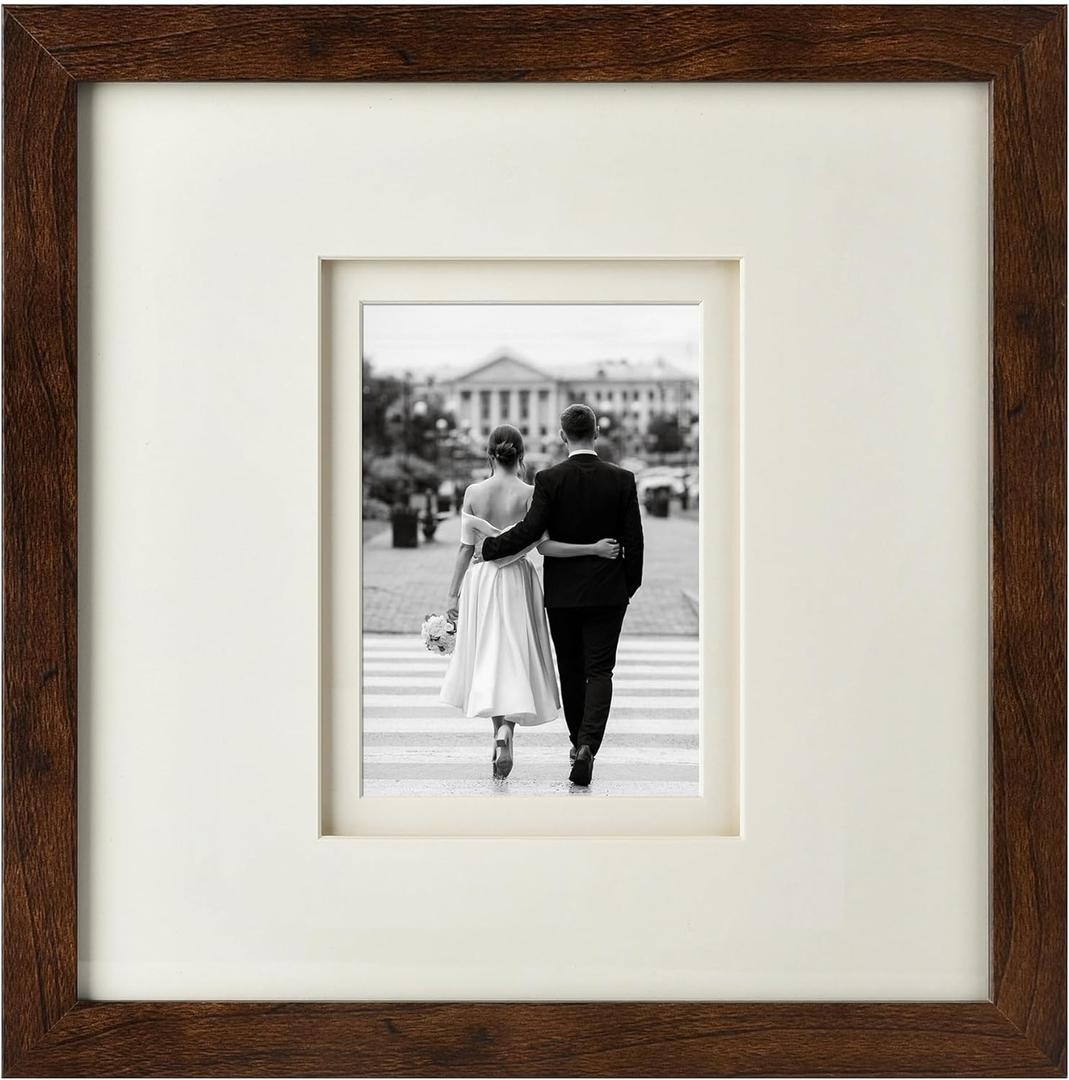 Yaetm 12x12 Square Picture Frame Matted to 5x7, Double Floating Ivory Mat, Brown Wood Grain Photo Frame with Polished Tempered Glass for Wall Gallery, Home and Office, Wall Mounting, Single
