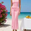 ZESICA Women's Summer Sleeveless Bodycon Dress 2026 Crewneck Ruched Sexy Mesh Wedding Guest Cocktail Party Maxi Dresses (Pink, 2XL)