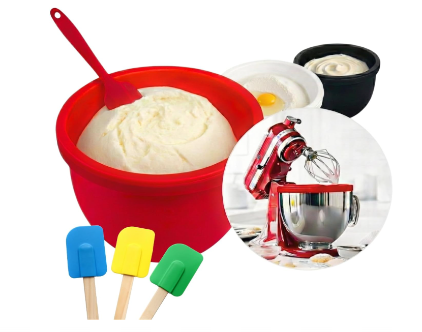 3-Pack Silicone Bowl Liners Compatible with KitchenAid 5 Quart Stand Mixer - Reusable Mixing Bowl Insert & Covers with Lids - Heavy Duty Accessories with Bonus Spatula for Tilt-Head 5Qt