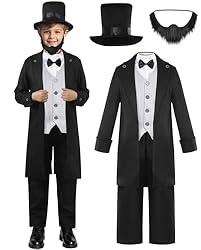 Rayekrot Deluxe Kids Abraham Lincoln Costume Boys Presidents Day Costume Halloween Cosplay Dress Up (10-12 Years) Black