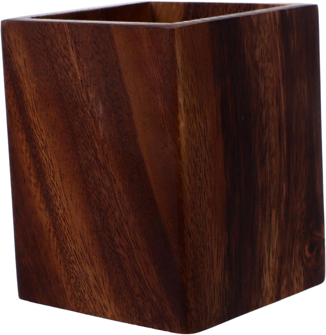 Wooden Pencil Holder: Stationery Organizer - Square Pen Cup Holder - Desk Decoration For Stationery Make Up Brushes Desks Offices Dark Brown