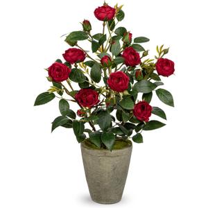 Hollyone Artificial Flower Plants Camellia Red Roses Faux Potted Plant with Cement Pot Fake Silk Flower Rose Camellias Flower Arrangement Office Home Decor Bathroom Shelf Desk Decoration 15 Inch