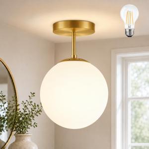 Globe Semi Flush Mount Ceiling Light Fixture Globe Ceiling Light Milk Glass Matte Gold Finish Contemporary Mid Century Modern Lighting for Hallway Living Room Kitchen Bedroom Storage(Bulb Included), 8 inch