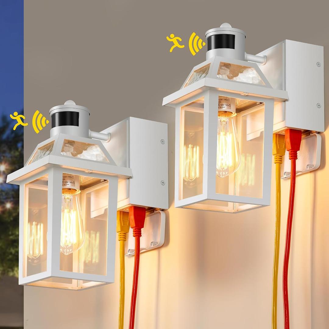 Yisuro Porch Lights with GFCI Outlet, Dusk to Dawn Motion Sensor Outdoor Light, 3 Lighting Modes Exterior Fixture, Outside for House Front Door Patio Garage(2 Pack White)