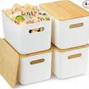 Ohmlove 4 Packs Storage Bins with Bamboo Lids  Plastic Storage Containers with Lids Stackable Storage Box：Storages Baskets for Organizing Desktop Closet Playroom Classroom Office,White