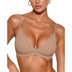 ProKloud Wireless Triangle Bralettes for Women Plunge Unlined Bras No Underwire Comfortable Unpadded Everyday Tshirt Bra (Medium, Warm Beige)
