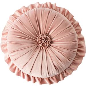 S SSOY Velvet Round Pillow - Ruffle Home Decoration, 13.7 In (Pink)