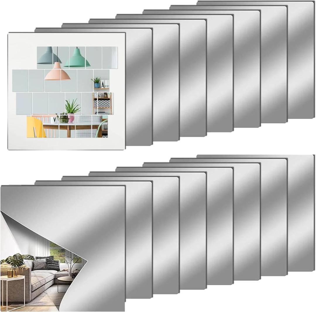 12" x 12" Acrylic Flexible Mirror Sheets, 16 Pack Self Adhesive Mirror Tiles Square Cuttable Mirror Wall Stickers, Non-Glass Plastic Mirror Stickers Safety Reflective for DIY Craft Home Wall Decor