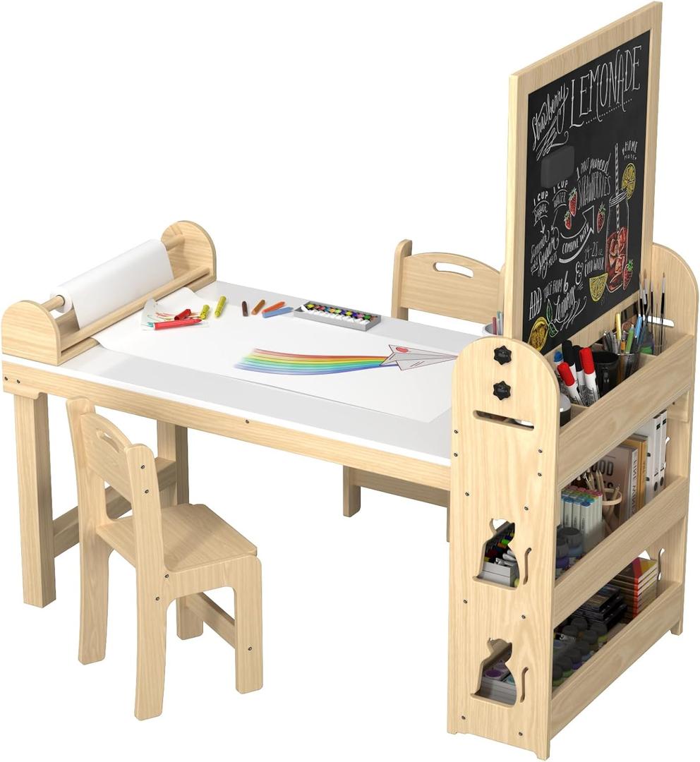 3 in 1 Wooden 45.3"L x 23"W Kids Art & Craft Table and 2 Chairs Set, Magnetic Double-Sided BlackBoard & WhiteBoard and Paper Roll Rack, Toddler Activity Center and Station for Drawing(White)-SK