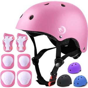 Kids Helmet Set with Knee Pads Elbow Pads Wrist Guards,Adjustable Helmet for Toddler Kids&Youth,3~14yrs Girl Boy Kids Protective Gear Set for Roller Skate Scooter Inline skatings Longboard (Medium: 20.47"-22.83" / 8-14 year, pink)