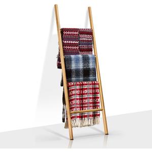 Natural Solid Wood Blanket Ladder Holder, Decorative 4 Tier 5ft Rustic Wall Leaning Stand Rack for Bedroom Living Room Bathroom (Natural Wood)