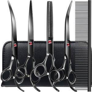 Professional Dog Grooming Scissors Kit Black 6 in 1, Dog Shears for Grooming 6CR Premium Stainless Steel Grooming Scissors Kit for Dogs Cat Pet