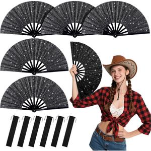 6PCS Glitter Rave Fan,13in Large Folding Hand Rave Fan with 6 Fabric Case Bags, Clack Fans for Line Dancing,Music Festivals,Disco,Glow Party.(Glitter Black)