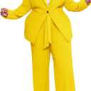 IyMoo Plus Size Suits for Women Business Open Front Long Sleeve Blazer Elastic Waist Solid Straight Leg Pant Set Suits (Yellow)