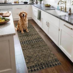 2x6 Machine Washable Runner Rug, Kitchen Hallway Area Rug Brown Black Vintage Moroccan Rug Ultra Non-Slip Low Pile Soft Faux Wool Carpet Kids and Pets Friendly for Bedroom Entryway Bedside Decor Rug