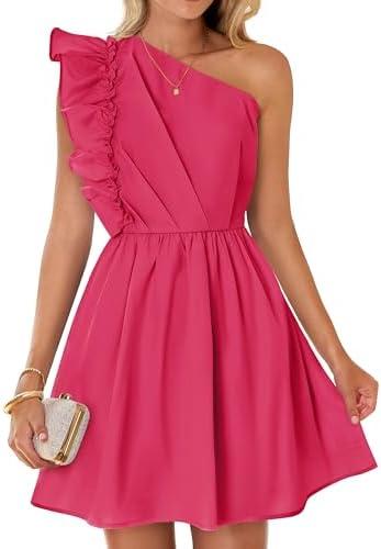 ZESICA Women's Summer One Shoulder Ruffle Dress Boho Sleeveless Elastic High Waist Swing Mini Dresses Size S