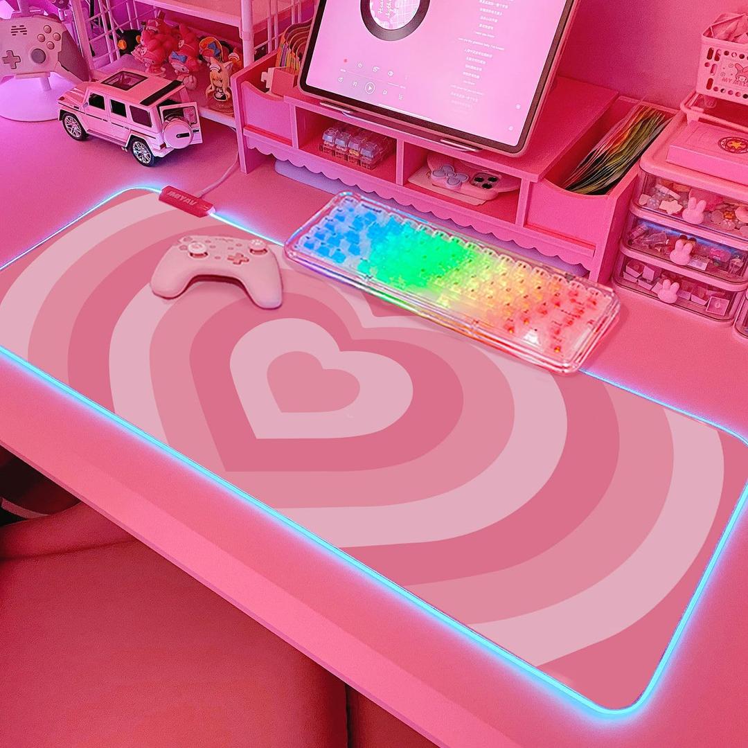 JMIYAV Pink Love Heart RGB Gaming Mouse Pad 31.5x12 Inch PC XL Large Extended Glowing Led Light Up Cool Mouse pad Desk Pad Non-Slip Rubber Computer Mouse Pad Cute Mousepad Mat 31.5x12 Inch