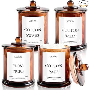 LEORAY 4 Pack Glass Qtip Holder Dispenser with Lids, Airtight Waterproof, 16 Oz Vanity Organizer Bathroom Canisters for Cotton Swabs, Balls, Pads, Floss Picks, Restroom Kitchen Storage Jars, Amber