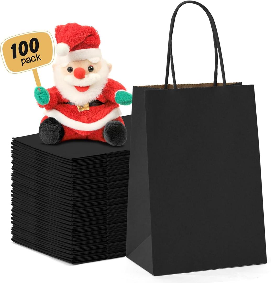 METRONIC Black Gift Bags 5.25 x 3.75 x 8 Inch 100 Pack, Small Paper Bag Bulk with Handles, Heavy Duty Shopping Bags for Party Favors, Retail, Birthday, Weddings, Takeout