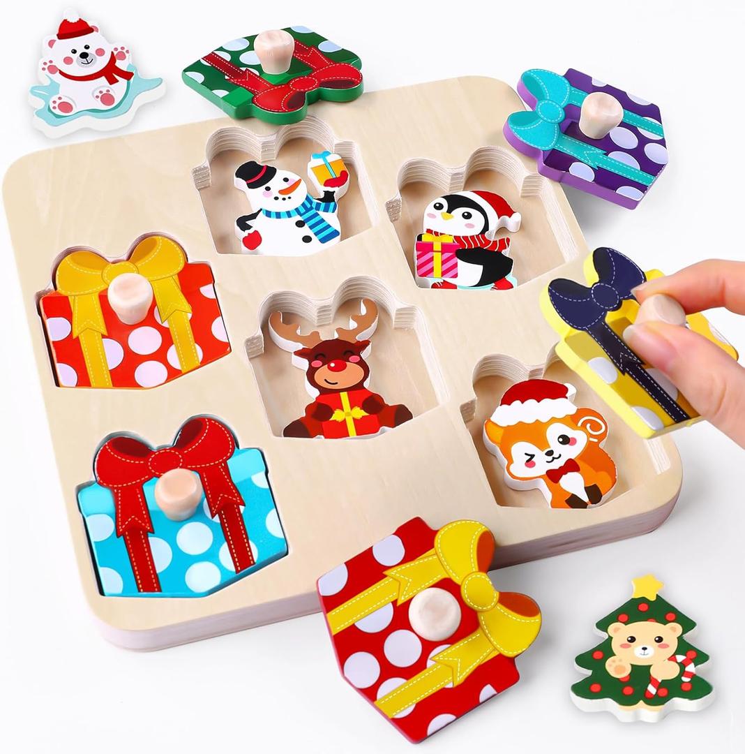 DIYDEC Christmas Wooden Pegged Puzzles 6pcs Christmas Animals Matching Gifts Box Puzzles Xmas Montessori Toys for Toddlers Kids Xmas Stocking Stuffers Toys Party Favors
