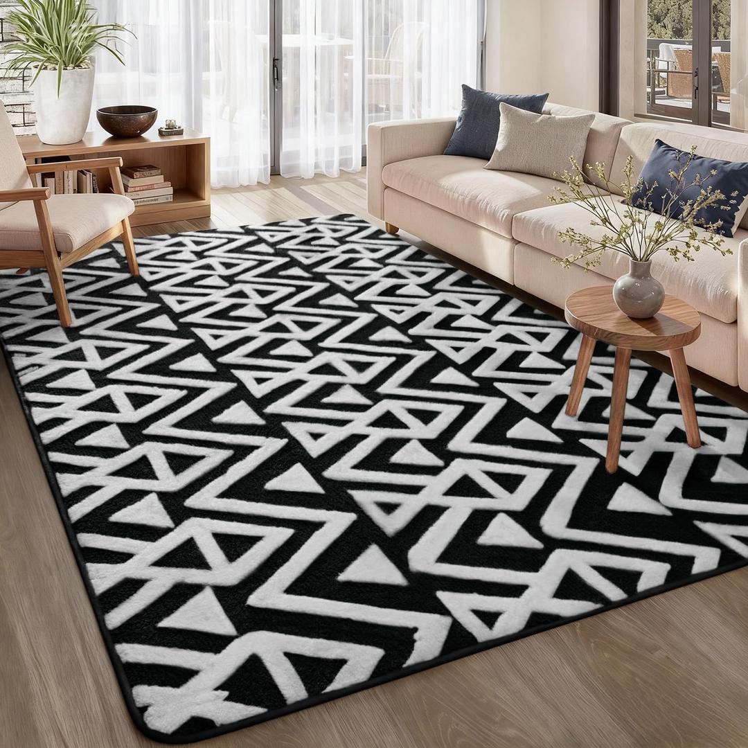 Ompaa Ultra Soft Geometric Bedroom Rugs Memory Foam Carpet, Black 6 x 9 Feet, Cozy Area Rugs for Living Room Couch Dorm Bedside Kids Girls Teens Room Nursery Decor Floor Mat