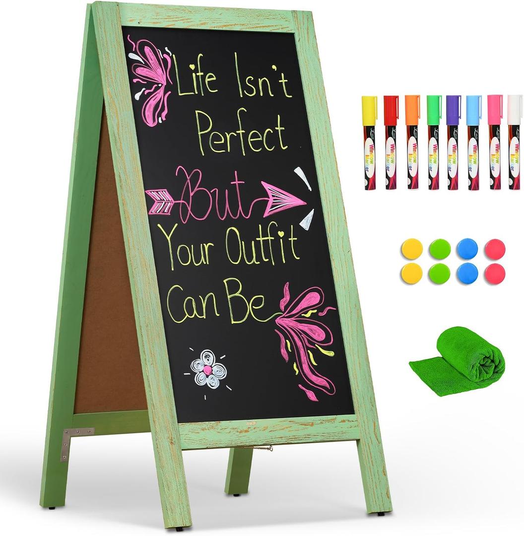 4 THOUGHT A-Frame Chalkboard 40" x 20", Double Sided Chalk Board Sign Board Freestanding Magnetic Sandwich Board Pine Wooden Chalkboard Easel for Cafe Shop Restaurant Wedding Party, Green
