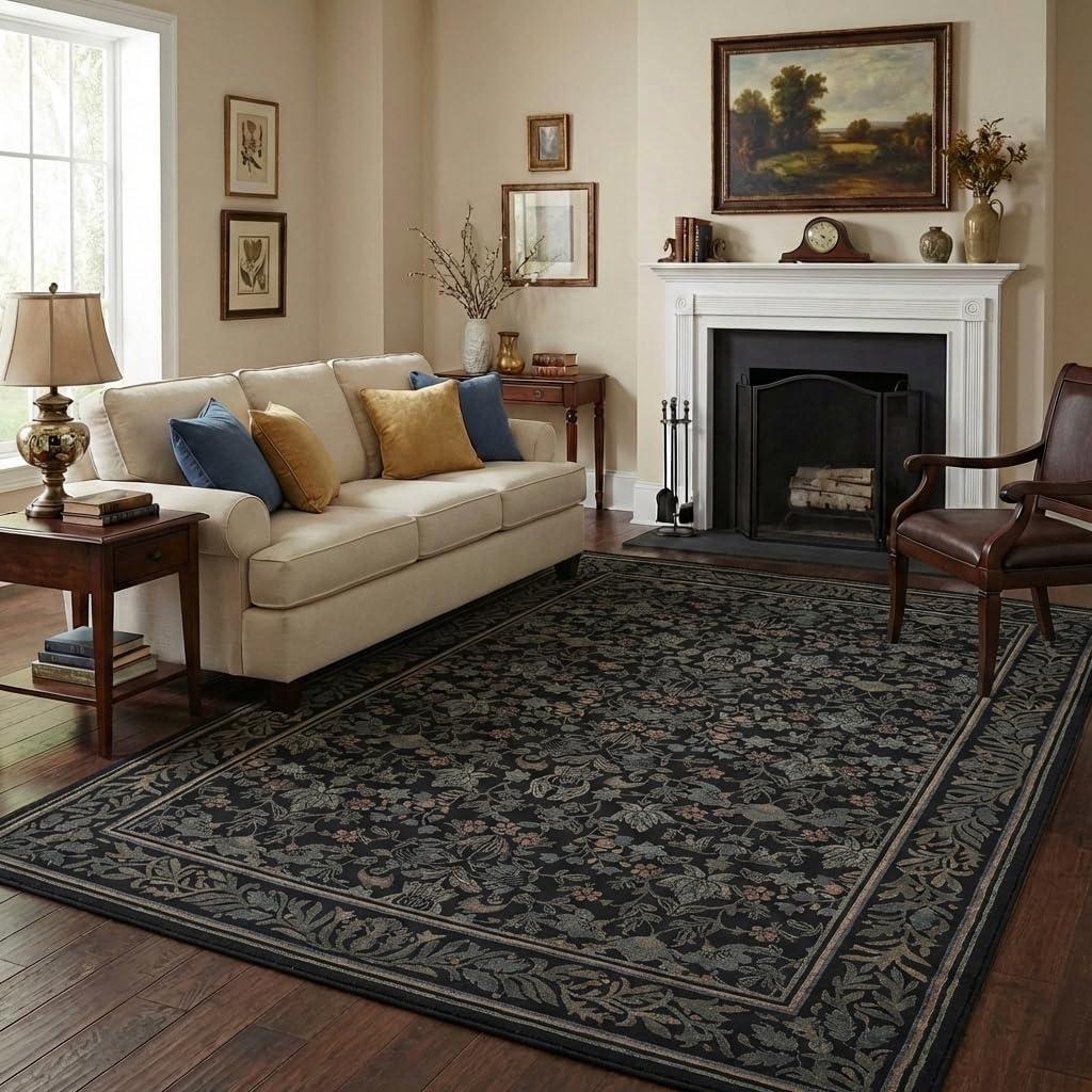 GarveeHome 5x7 Washable Area Rugs for Living Room, Boho Vintage Rug Non Slip Low Pile Stain Resistance Indoor Soft Large Throw Carpet for Bedroom Dining Room Office Black