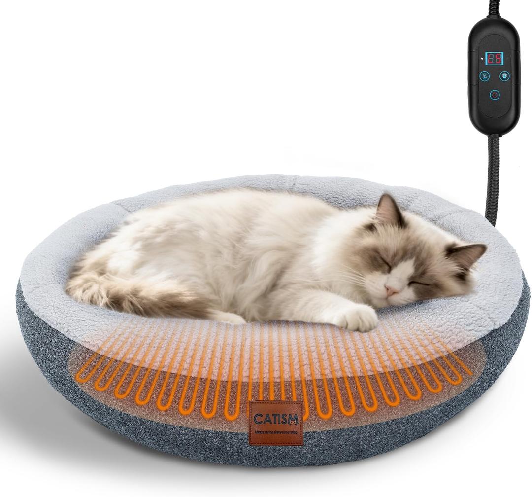 CATISM Heated Cat Bed Indoor - Self Warming Cats Beds, Heating Cat Beds for Indoor Kitten or Small Animals, Cozy Donut Heated Kitty Cave with Timer & Temp Adjustable, Heating Pad with Non-Slip Bottom