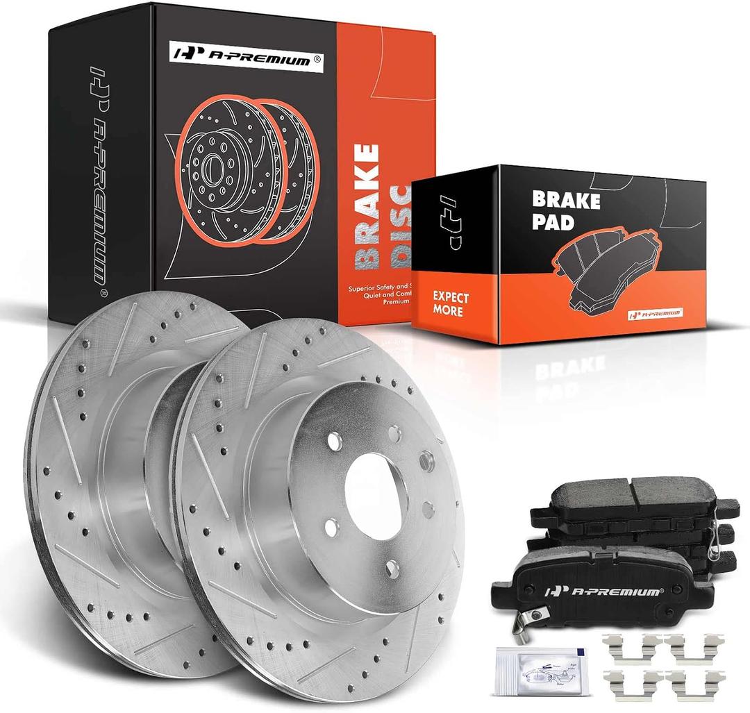 A-Premium 12.13 inch (308mm) Rear Drilled and Slotted Disc Brake Rotors + Ceramic Pads Kit Compatible with Nissan & Infiniti Models - M35/M45, Q40, Maxima, EX35, EX37, G25, G35, G37, QX50, 350Z, 370Z