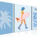 Blue Coastal Cowgirl Room Decor Set of 3 Beachy Wall Art Light Blue Coastal Teen Girl Poster Prints Preppy Beachy Canvas Wall Decor Pictures for Bedroom Living Room Dorm Framed 16x24 Inch