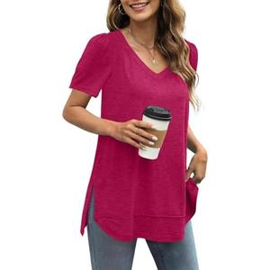 JomeDesign Summer Tops for Women Short Sleeve V Neck Shirts Side Split Loose Casual Tunic Tops size M