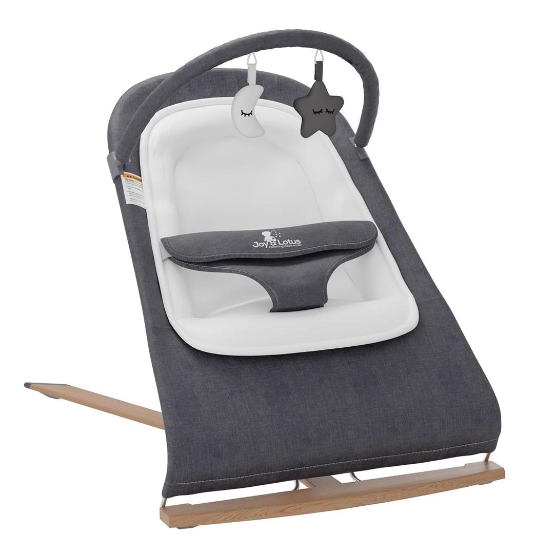 Baby Bouncer Seat 0-12 Months with Elegant Wood Accents, Bouncer Seat for Infants, Portable Infant Bouncer with Inner Mattress & Travel Bag