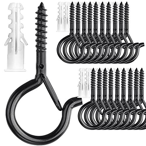 PlusRoc 20 Pack Screw Hooks for Hanging Plants Outdoor Lights, Heavy Duty 2.2 Inch Black Eye Hook Screw Cup Ceiling Hook Q-Hanger for String Lights, Wall Wood Ceiling Deck Mount